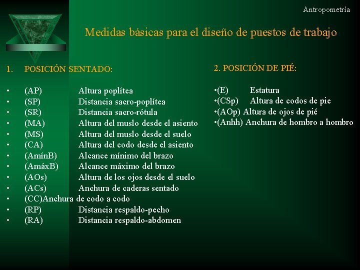 Antropometría Medidas básicas para el diseño de puestos de trabajo 1. POSICIÓN SENTADO: 2.