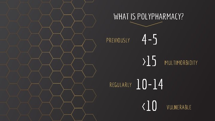 WHAT IS POLYPHARMACY? PREVIOUSLY REGULARLY 4 -5 >15 MULTIMORBIDITY 10 -14 <10 VULNERABLE 