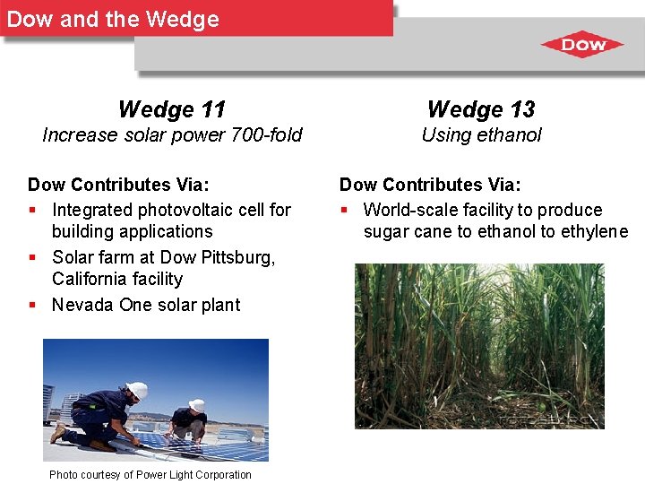 Dow and the Wedge 11 Wedge 13 Increase solar power 700 -fold Using ethanol