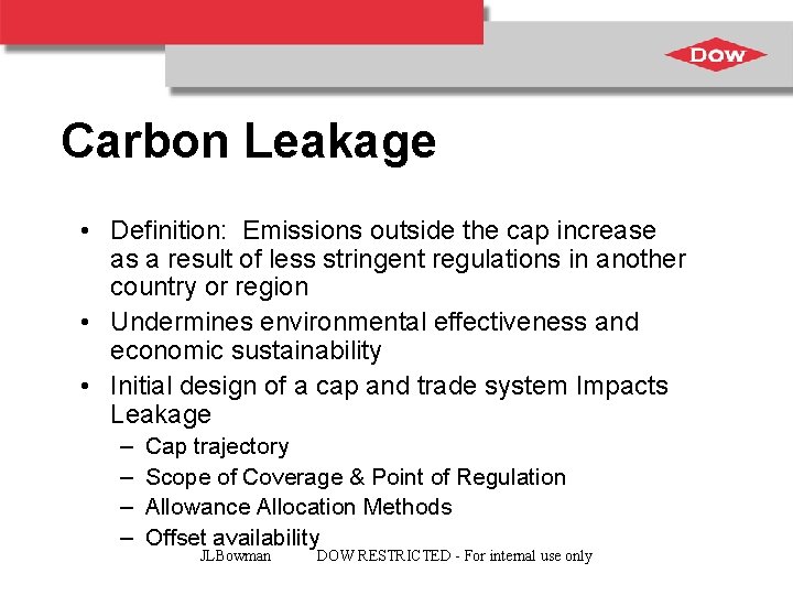 Carbon Leakage • Definition: Emissions outside the cap increase as a result of less