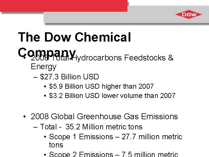 The Dow Chemical Company • 2008 Total Hydrocarbons Feedstocks & Energy – $27. 3