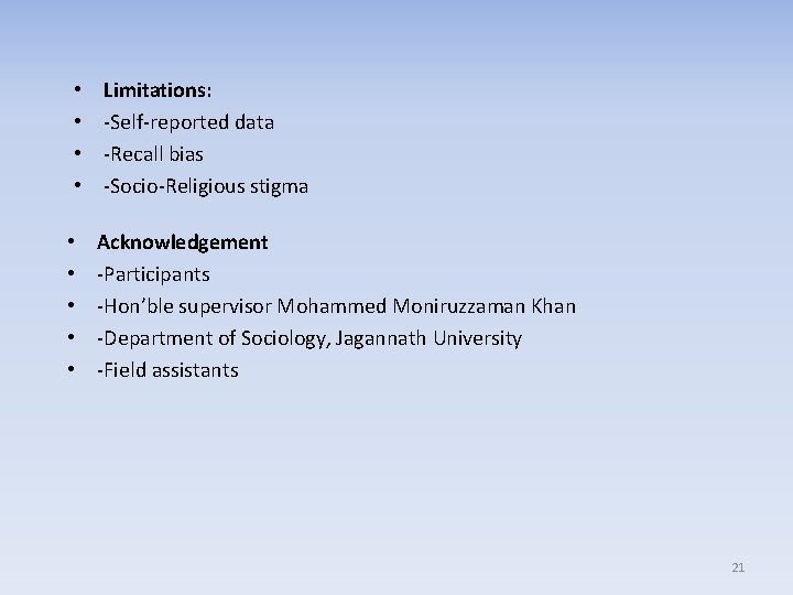  • • Limitations: -Self-reported data -Recall bias -Socio-Religious stigma • • • Acknowledgement