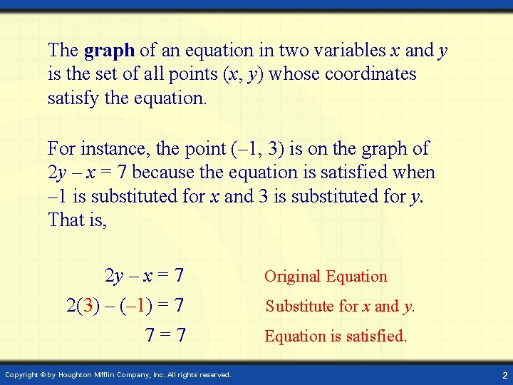 The graph of an equation in two variables x and y is the set