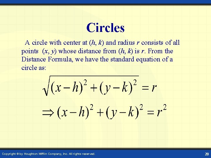 Circles A circle with center at (h, k) and radius r consists of all