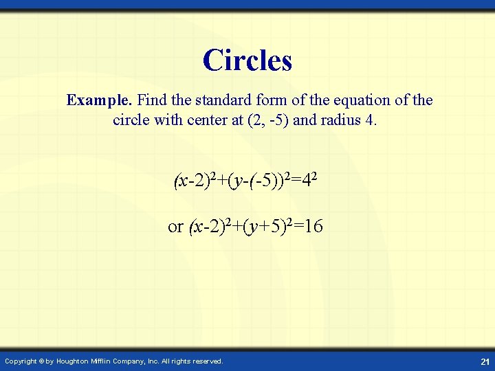 Circles Example. Find the standard form of the equation of the circle with center