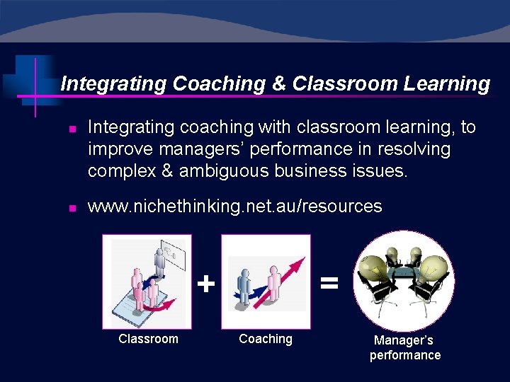 Integrating Coaching & Classroom Learning n n Integrating coaching with classroom learning, to improve