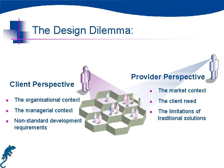 The Design Dilemma: Client Perspective Provider Perspective n The market context The client need