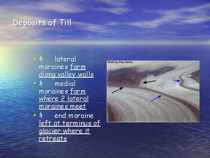 Deposits of Till lateral moraines form along valley walls • ｷ medial moraines form