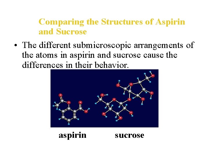 Comparing the Structures of Aspirin and Sucrose • The different submicroscopic arrangements of the