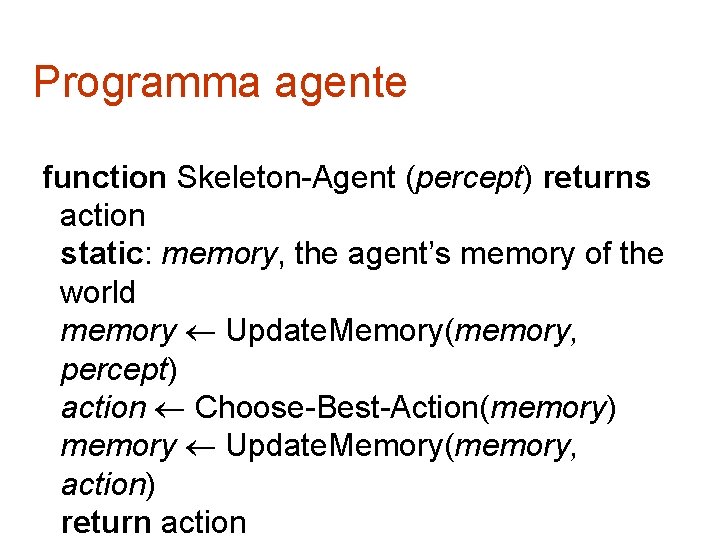 Programma agente function Skeleton-Agent (percept) returns action static: memory, the agent’s memory of the