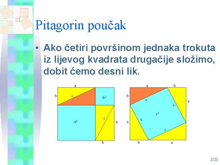 Pitagorin poučak • Ako četiri površinom jednaka trokuta iz lijevog kvadrata drugačije složimo, dobit