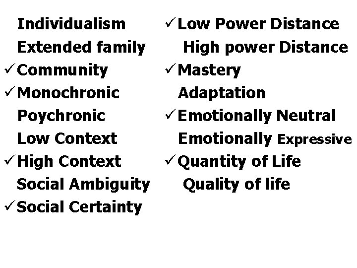 Individualism Extended family ü Community ü Monochronic Poychronic Low Context ü High Context Social