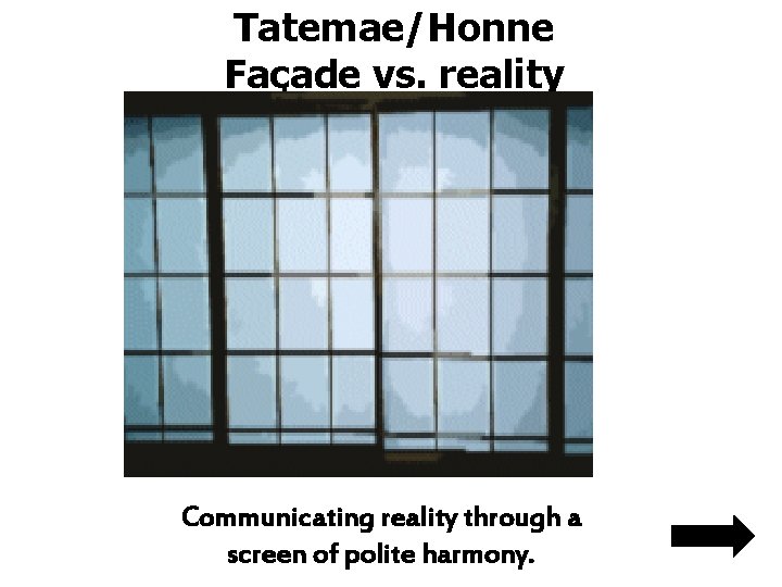 Tatemae/Honne Façade vs. reality Communicating reality through a screen of polite harmony. 