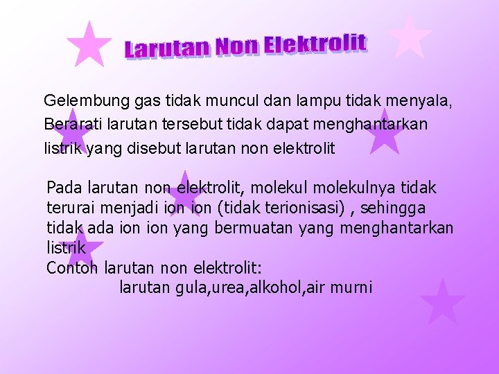 Gelembung gas tidak muncul dan lampu tidak menyala, Berarati larutan tersebut tidak dapat menghantarkan