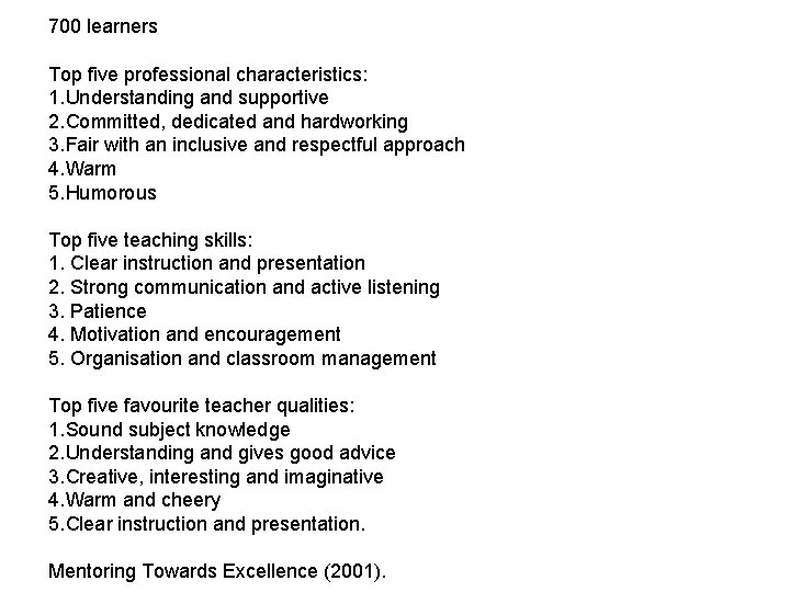 700 learners Top five professional characteristics: 1. Understanding and supportive 2. Committed, dedicated and
