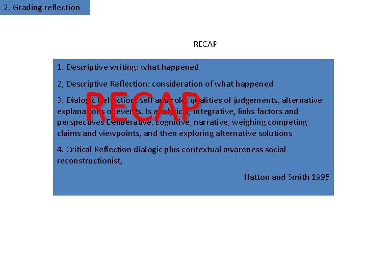 2. Grading reflection RECAP 1. Descriptive writing: what happened 2, Descriptive Reflection: consideration of