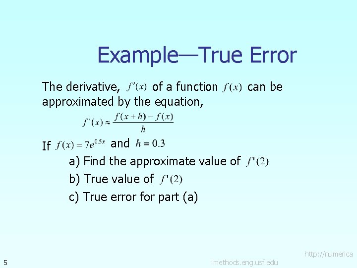 Example—True Error The derivative, of a function approximated by the equation, If 5 can