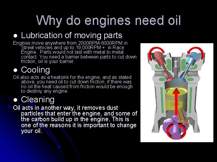 Why do engines need oil l Lubrication of moving parts Engines move anywhere from