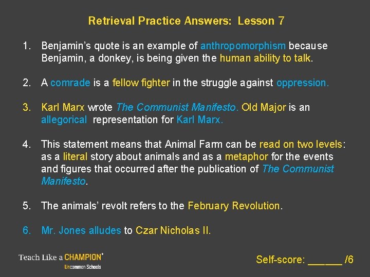 Retrieval Practice Answers: Lesson 7 1. Benjamin’s quote is an example of anthropomorphism because