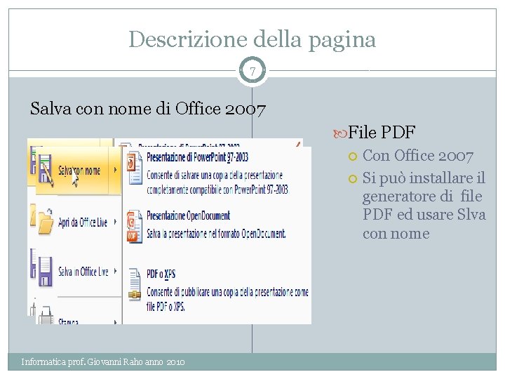 Descrizione della pagina 7 Salva con nome di Office 2007 File PDF Con Office