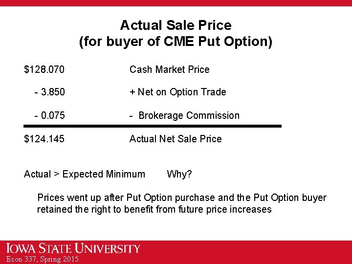 Actual Sale Price (for buyer of CME Put Option) $128. 070 Cash Market Price