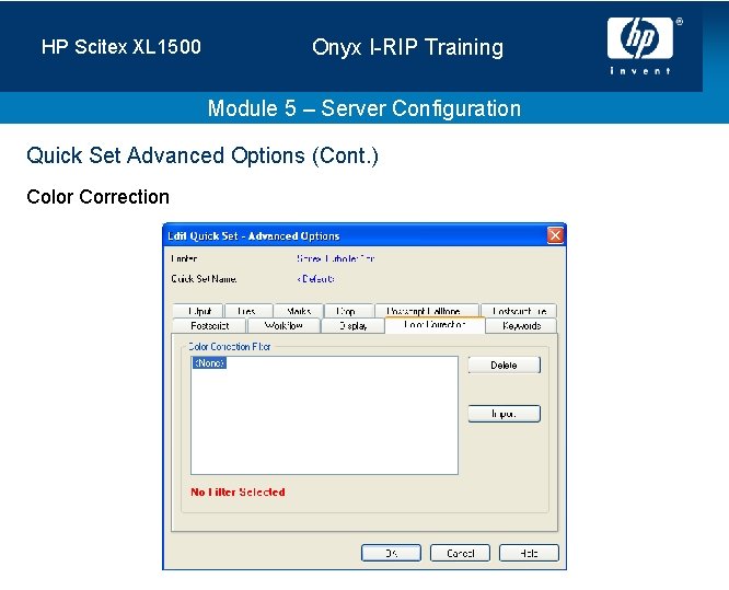 HP Scitex XL 1500 Onyx I-RIP Training Module 5 – Server Configuration Quick Set