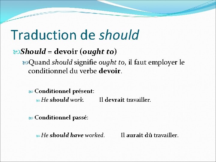 Traduction de should Should = devoir (ought to) Quand should signifie ought to, il