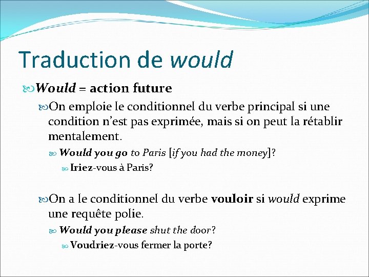Traduction de would Would = action future On emploie le conditionnel du verbe principal