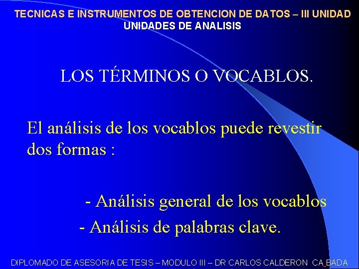 TECNICAS E INSTRUMENTOS DE OBTENCION DE DATOS – III UNIDADES DE ANALISIS LOS TÉRMINOS