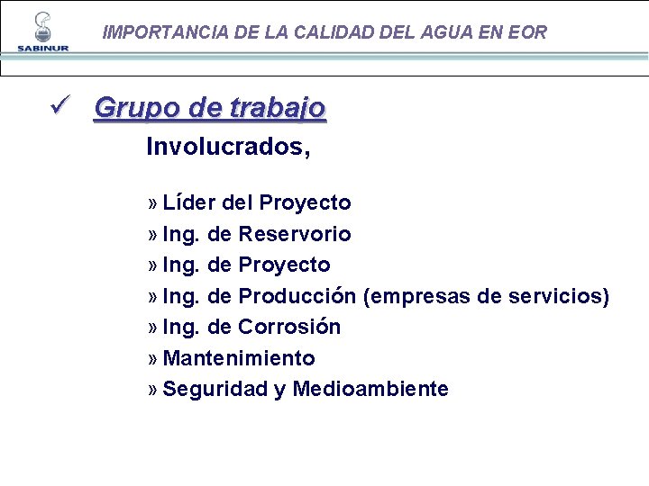 IMPORTANCIA DE LA CALIDAD DEL AGUA EN EOR ü Grupo de trabajo Involucrados, »