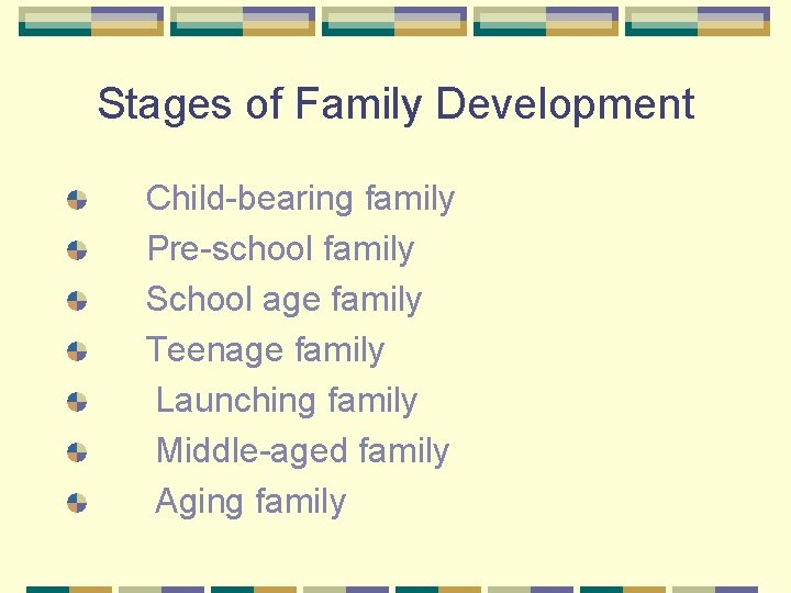 Stages of Family Development Child-bearing family Pre-school family School age family Teenage family Launching