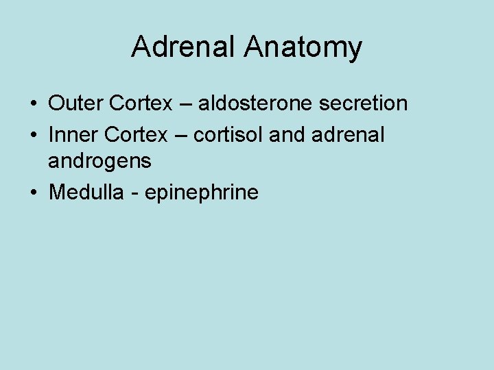 Adrenal Anatomy • Outer Cortex – aldosterone secretion • Inner Cortex – cortisol and