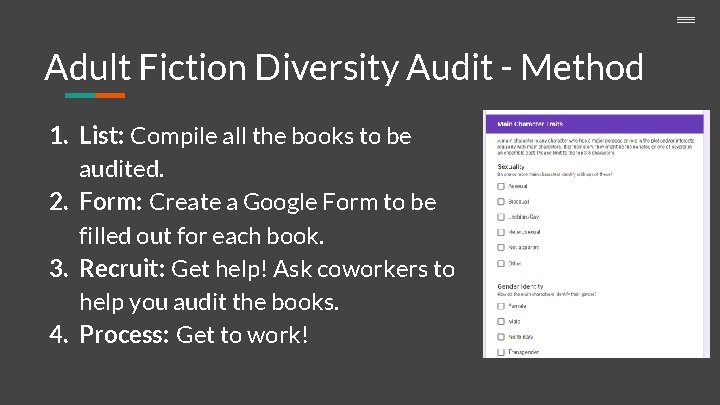 Adult Fiction Diversity Audit - Method 1. List: Compile all the books to be