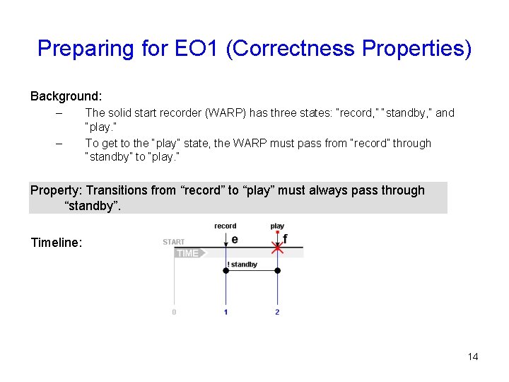Preparing for EO 1 (Correctness Properties) Background: – – The solid start recorder (WARP)