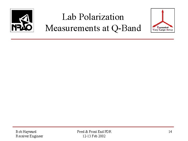 Lab Polarization Measurements at Q-Band Bob Hayward Receiver Engineer Feed & Front End PDR