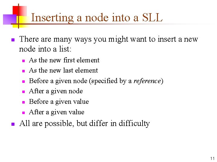 Inserting a node into a SLL n There are many ways you might want Inserting a node into a SLL n There are many ways you might want
