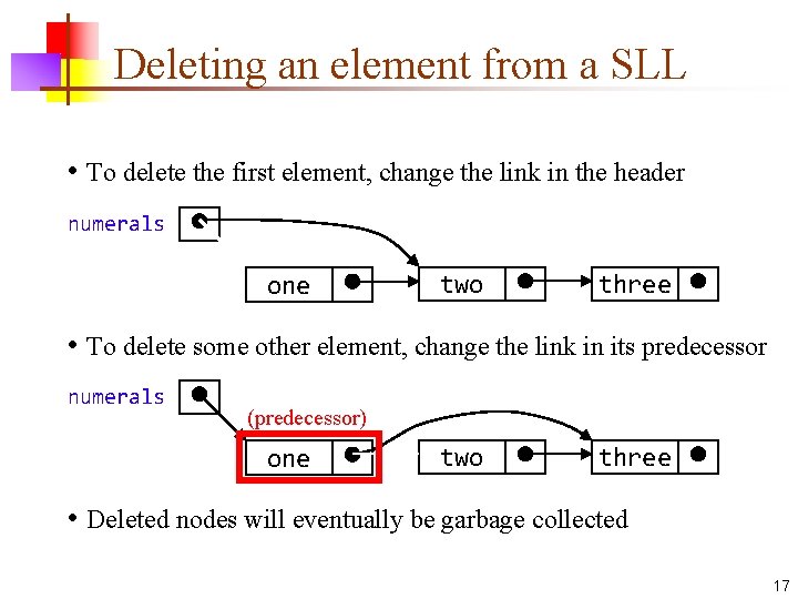 Deleting an element from a SLL • To delete the first element, change the Deleting an element from a SLL • To delete the first element, change the