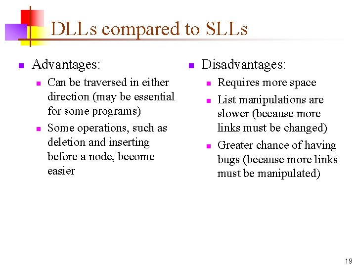DLLs compared to SLLs n Advantages: n n Can be traversed in either direction DLLs compared to SLLs n Advantages: n n Can be traversed in either direction