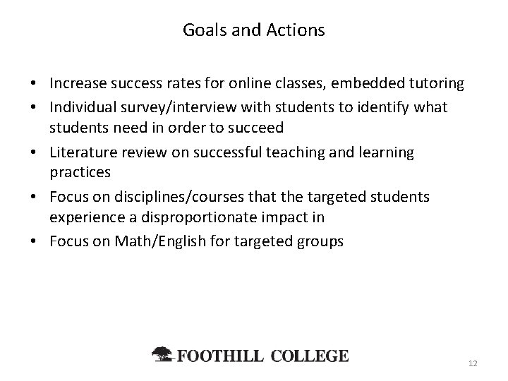 Goals and Actions • Increase success rates for online classes, embedded tutoring • Individual