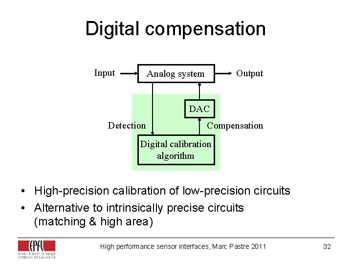Digital compensation Input Output Analog system DAC Detection Compensation Digital calibration algorithm • High-precision Digital compensation Input Output Analog system DAC Detection Compensation Digital calibration algorithm • High-precision
