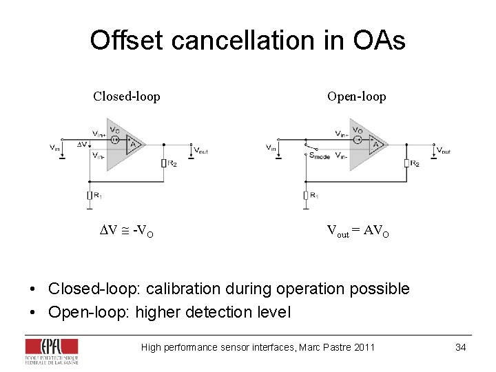 Offset cancellation in OAs Closed-loop Open-loop V -VO Vout = AVO • Closed-loop: calibration Offset cancellation in OAs Closed-loop Open-loop V -VO Vout = AVO • Closed-loop: calibration