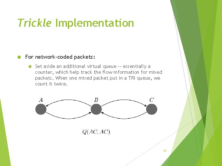 Trickle Implementation For network-coded packets: Set aside an additional virtual queue -- essentially a