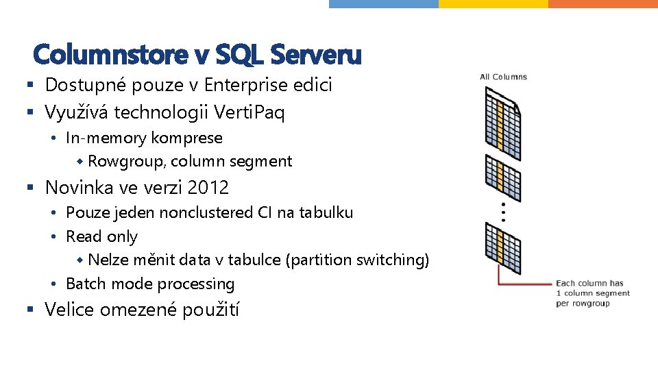 Columnstore v SQL Serveru § Dostupné pouze v Enterprise edici § Využívá technologii Verti.