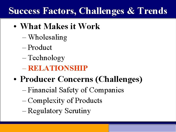 Success Factors, Challenges & Trends • What Makes it Work – Wholesaling – Product
