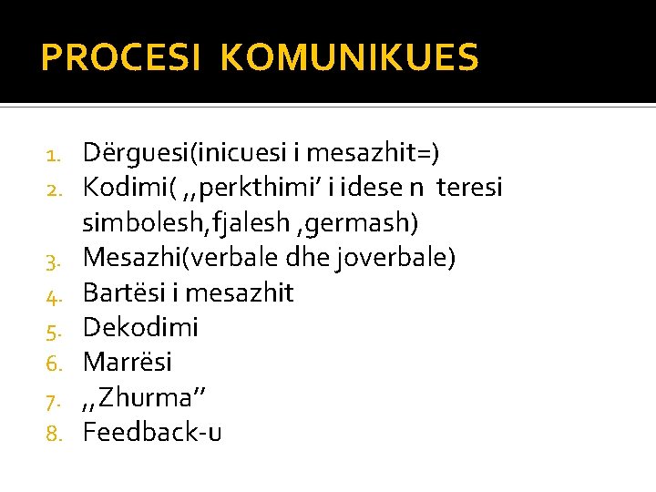 PROCESI KOMUNIKUES 1. 2. 3. 4. 5. 6. 7. 8. Dërguesi(inicuesi i mesazhit=) Kodimi(