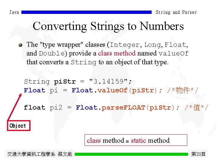 Java String and Parser Converting Strings to Numbers The "type wrapper" classes (Integer, Long,