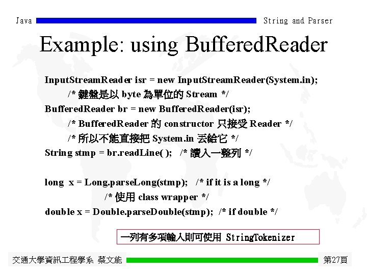 Java String and Parser Example: using Buffered. Reader Input. Stream. Reader isr = new