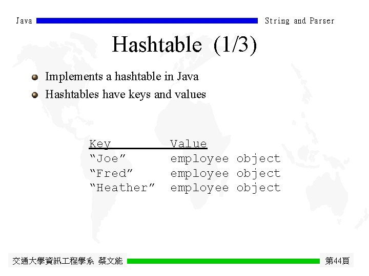 Java String and Parser Hashtable (1/3) Implements a hashtable in Java Hashtables have keys