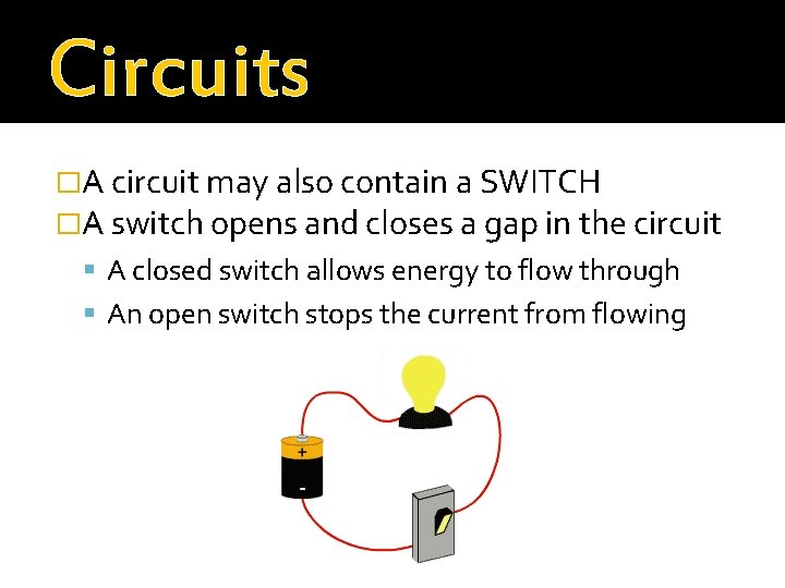Circuits �A circuit may also contain a SWITCH �A switch opens and closes a