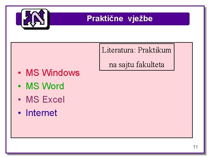 Praktične vježbe Literatura: Praktikum • • MS Windows MS Word MS Excel Internet na